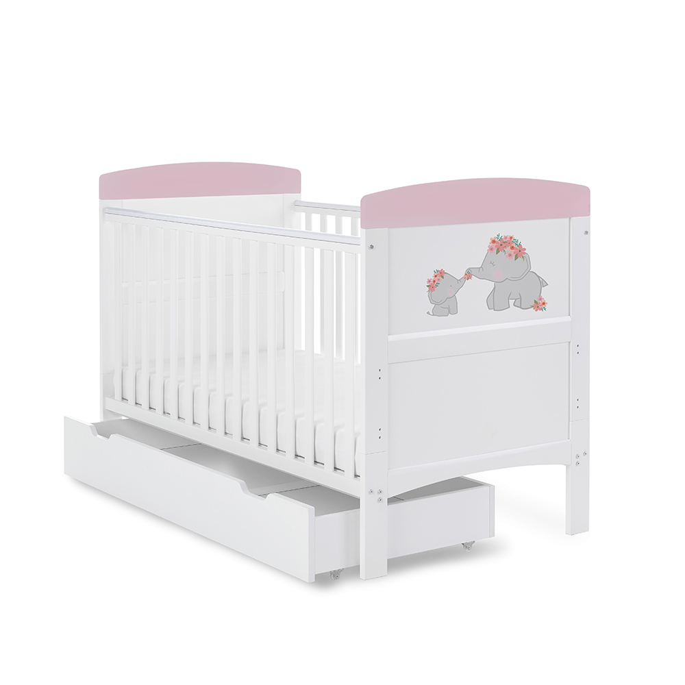 Obaby Grace Inspire Cot Bed & Underdrawer - Me & Mini Me Elephants - Pink