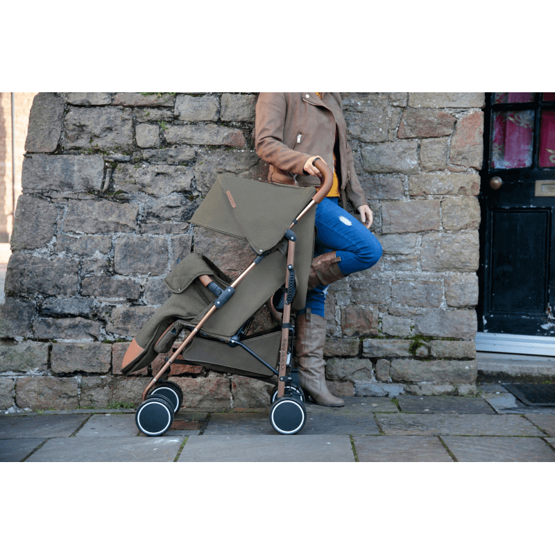 khaki and rose gold pram