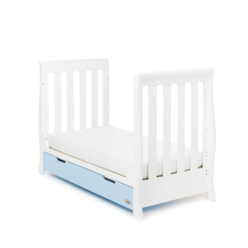 Obaby Stamford Mini Sleigh Cot Bed - White / Bonbon Blue - Toddler Beds