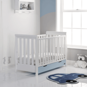 Obaby Stamford Mini Sleigh Cot Bed - White / Bonbon Blue - Lifestyle