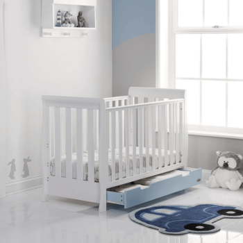 Obaby Stamford Mini Sleigh Cot Bed - White / Bonbon Blue - Lifestyle 2