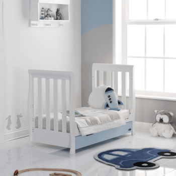 Obaby Stamford Mini Sleigh Cot Bed - White / Bonbon Blue - Lifestyle 3
