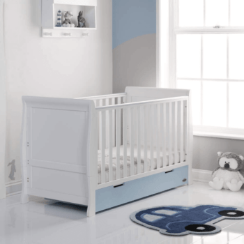 Obaby Stamford Classic Sleigh Cot Bed - White / Bonbon Blue - Lifestyle
