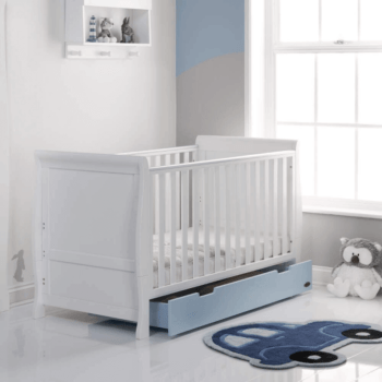 Obaby Stamford Classic Sleigh Cot Bed - White / Bonbon Blue - Lifestyle 2
