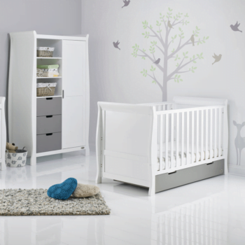 Obaby Stamford Classic Sleigh Cot Bed - White / Taupe Grey - Lifestyle
