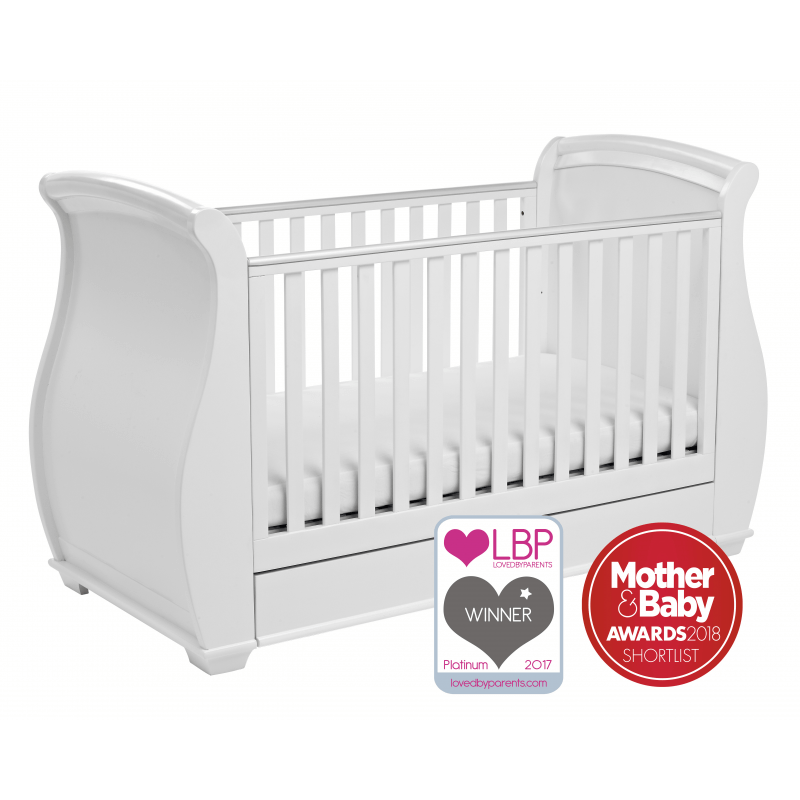 Babymore Bel Sleigh Drop Side Cot Bed With Drawer White