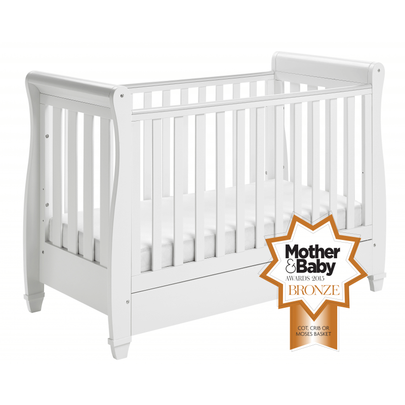 Eva Sleigh Dropside Cot Bed with Drawer - White 1