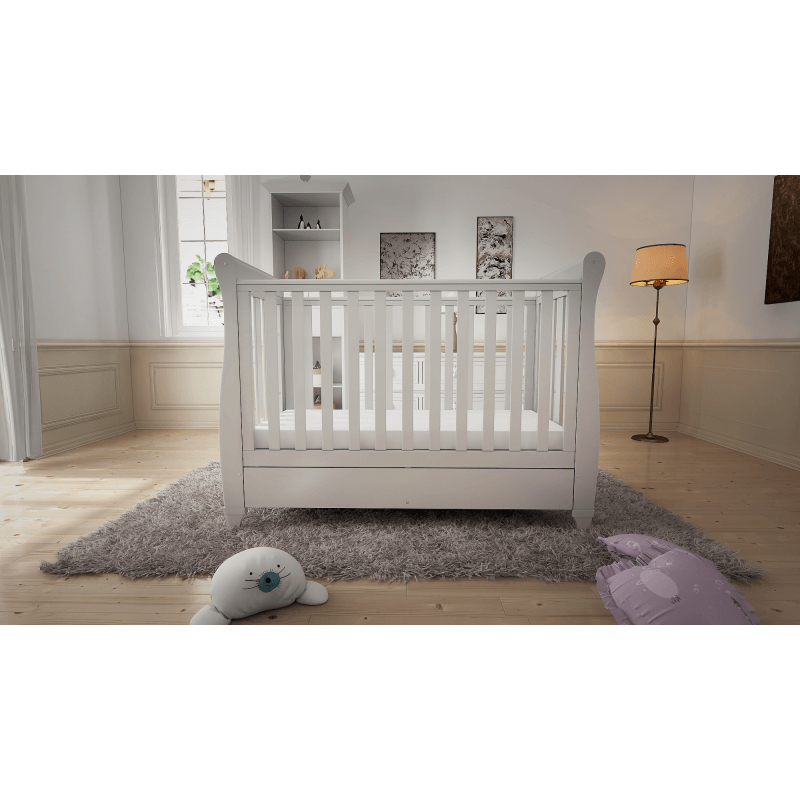 Eva Sleigh Dropside Cot Bed with Drawer - White (3)