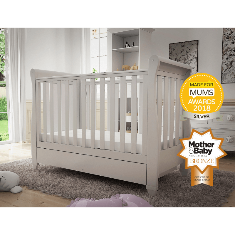 Eva Sleigh Dropside Cot Bed with Drawer - White-life award