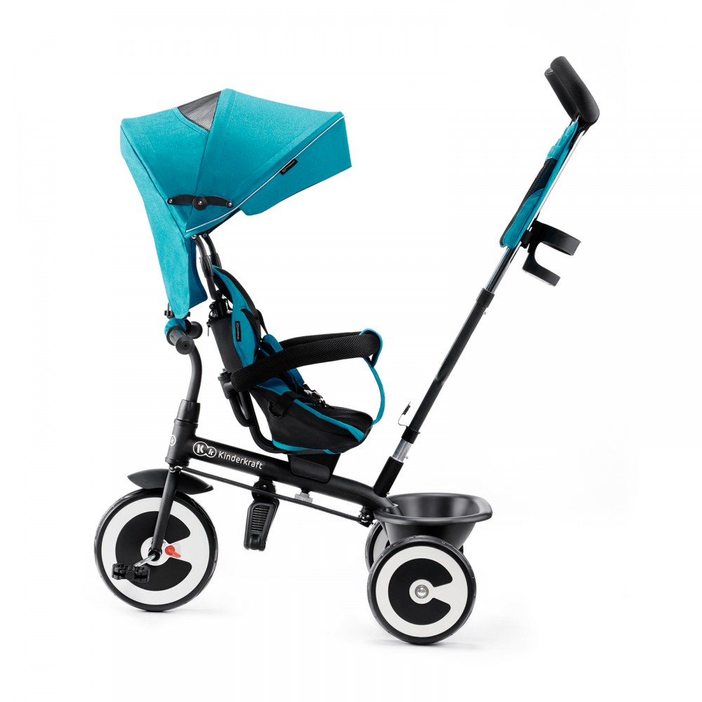 Kinderkraft Tricycle ASTON, Baby Push Trike, Kids First Bike, Pushchair,  Free Wheel Functions, with Sun Canopy, Parent Handle, Footrest,  Accessories, Cup Holder, from 9 Months to 5 Years, Turquoise price in Saudi