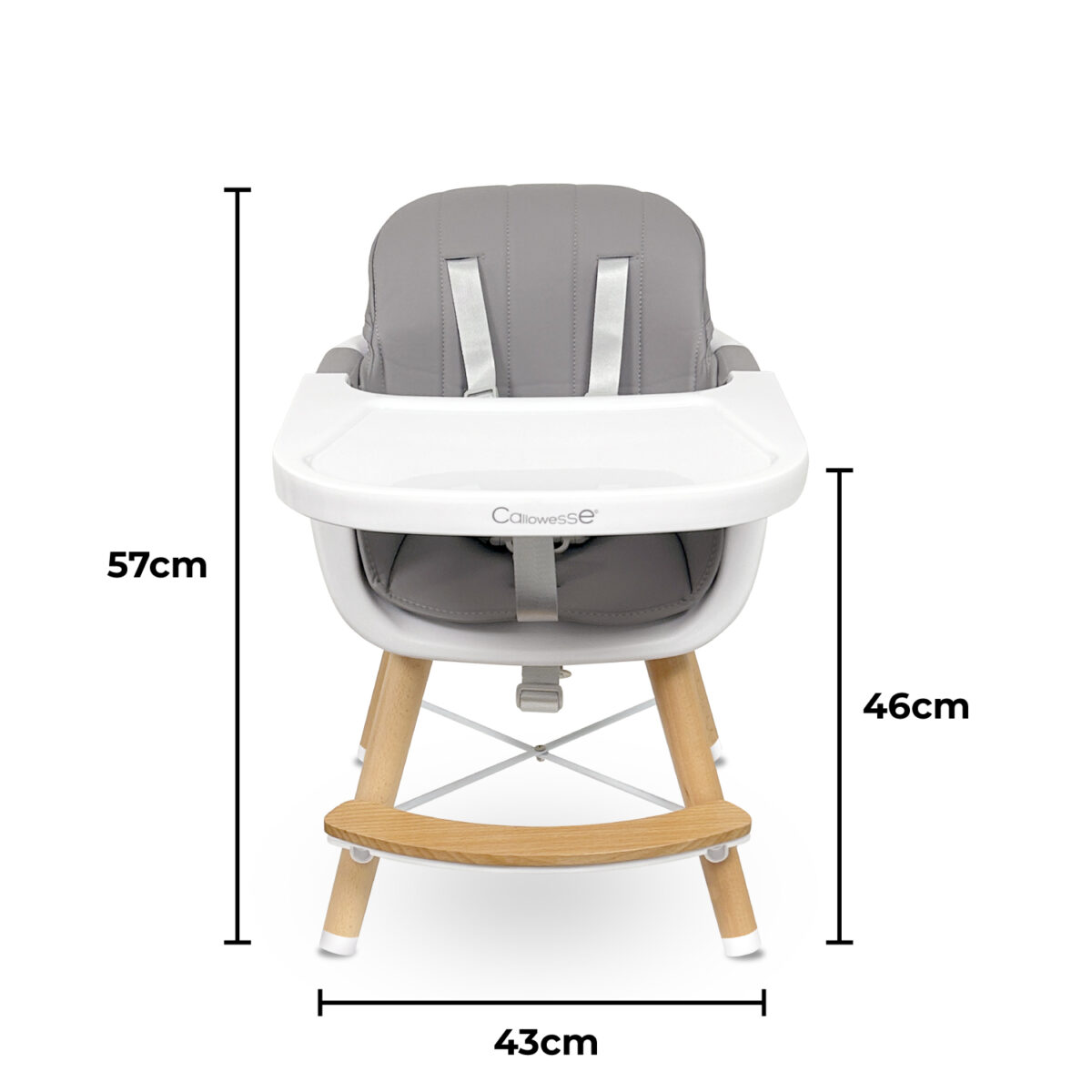 Callowesse Elata 3-in-1 Wooden Scandi Highchair with dimensions in toddler seat configuration