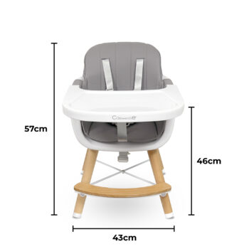 Callowesse Elata 3-in-1 Wooden Scandi Highchair with dimensions in toddler seat configuration
