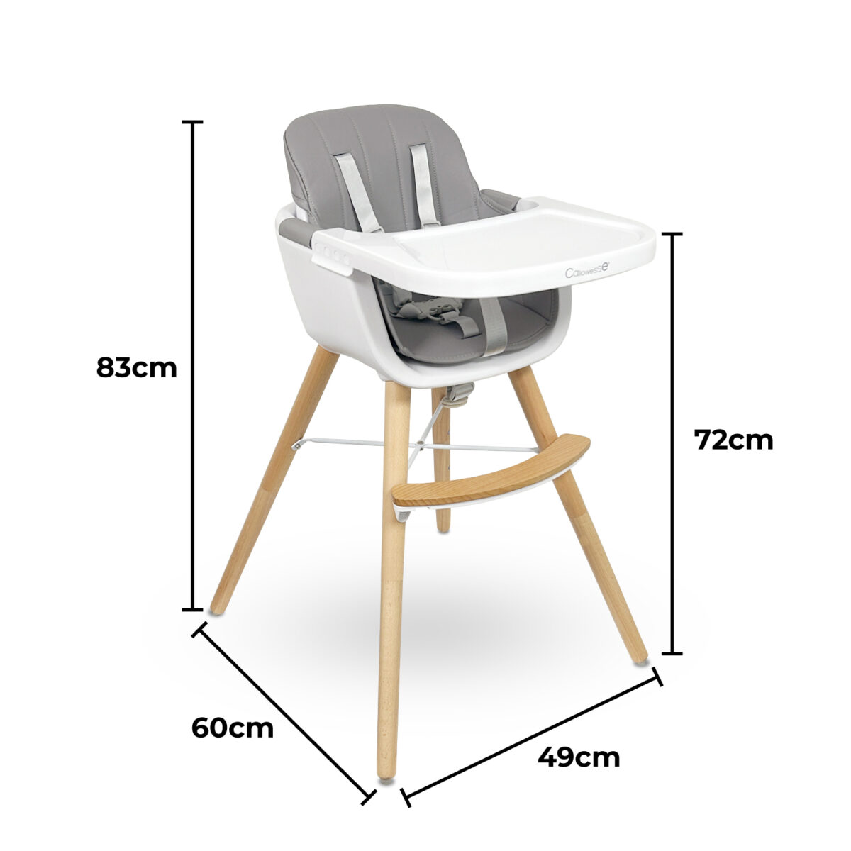 Callowesse Elata 3-in-1 Wooden Scandi Highchair configuration with dimensions