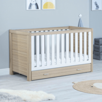 Babymore Luno Cot Bed With Drawer - White Oak