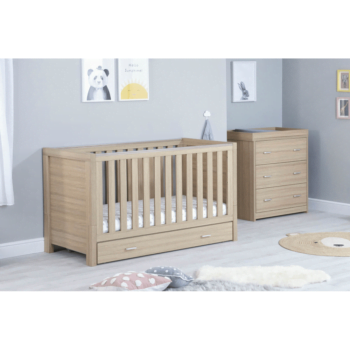 Babymore Luno Oak 2 Piece Plus Room Set - Cot Bed with Drawer & Chest