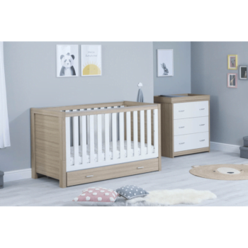Babymore Luno White Oak 2 Piece Plus Room Set  - Cot Bed with Drawer & Chest