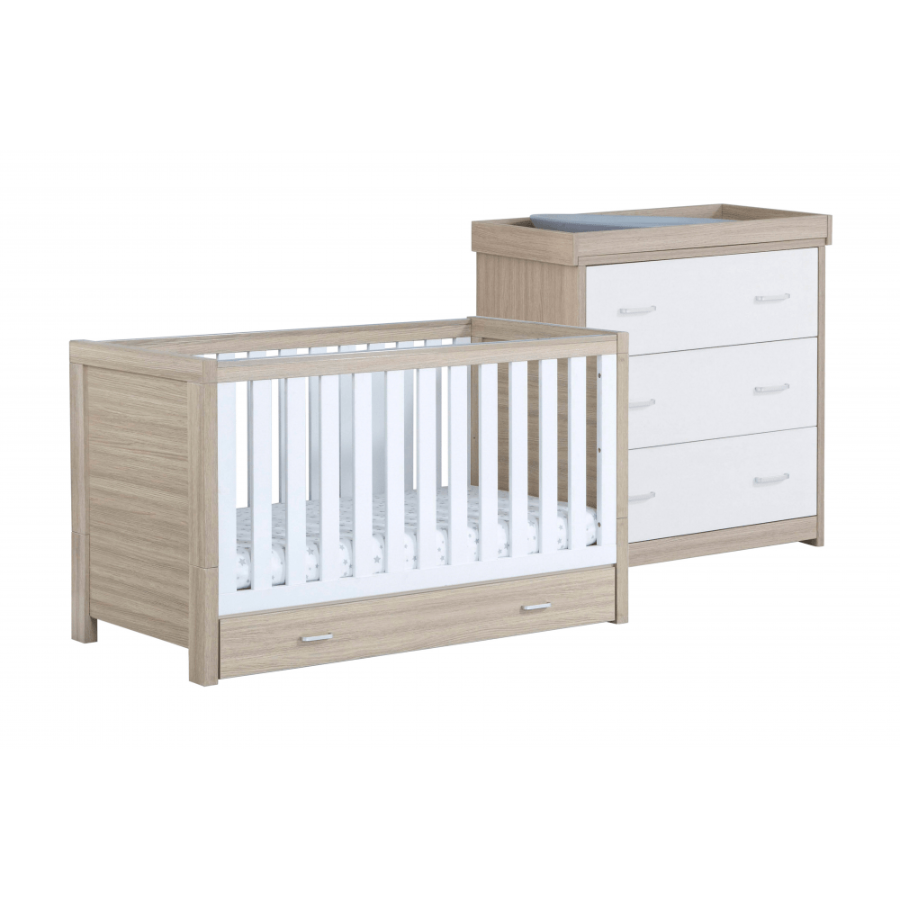 Babymore Luno White Oak 2 Piece Plus Room Set - Cot Bed with Drawer & Chest