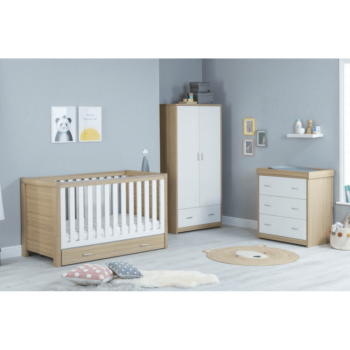 Babymore Luno White Oak 3 Piece Plus Room Set - Cot Bed with Drawer, Chest & Wardrobe