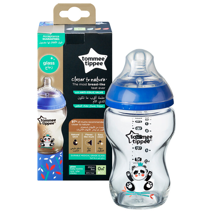 Tommee Tippee Closer to Nature Glass Decorated Bottle Blue 250ml
