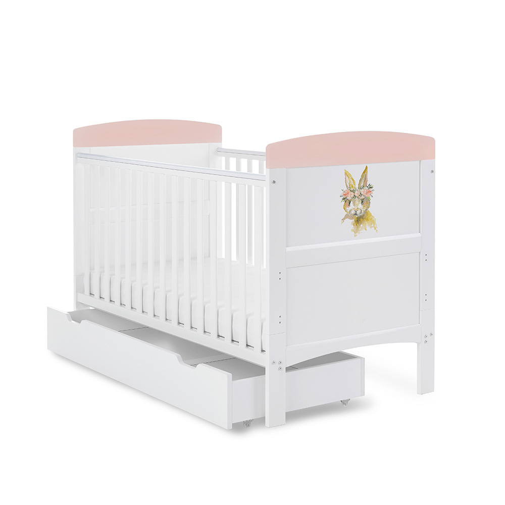 Obaby Grace Inspire Cot Bed & Underdrawer - Water Colour Rabbit - Pink