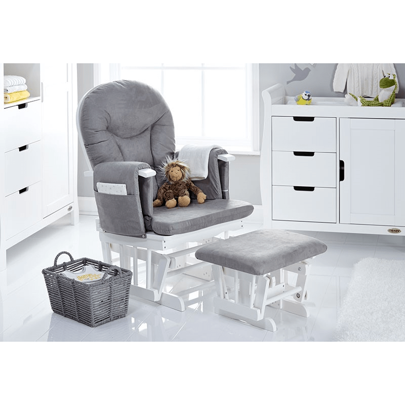Obaby Reclining Glider Chair Stool White with Grey Cushions