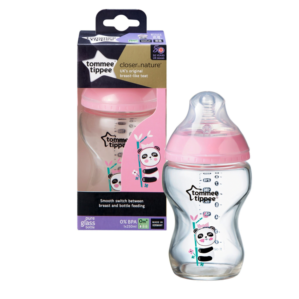Tommee Tippee Closer to Nature Glass Decorated Bottle Pink 250ml